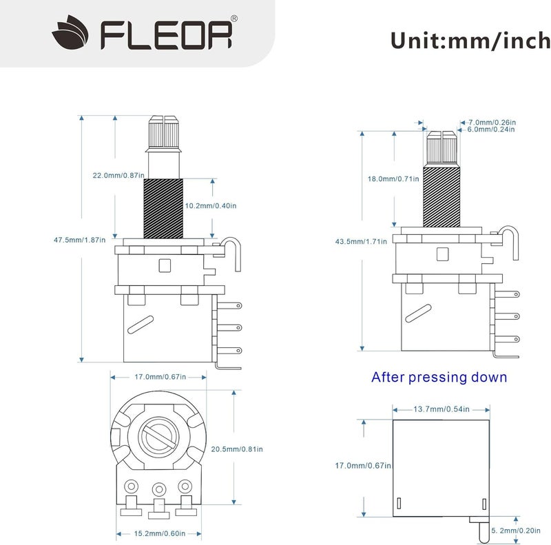 FLEOR A500K+B500K Push Pull Guitar Pots 18-Spline Long Split Shaft Tone Volume Guitar Potentiometers,Pack of 4 - Image 2